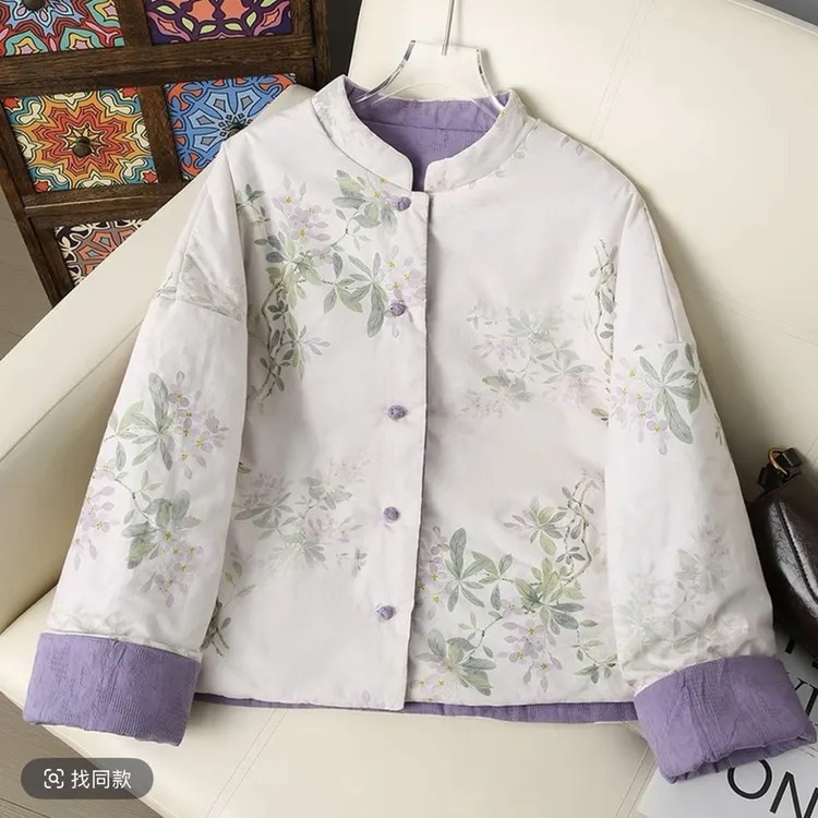 新中式双面穿棉衣棉服女秋冬新款宽松保暖气质国风印花棉袄立领