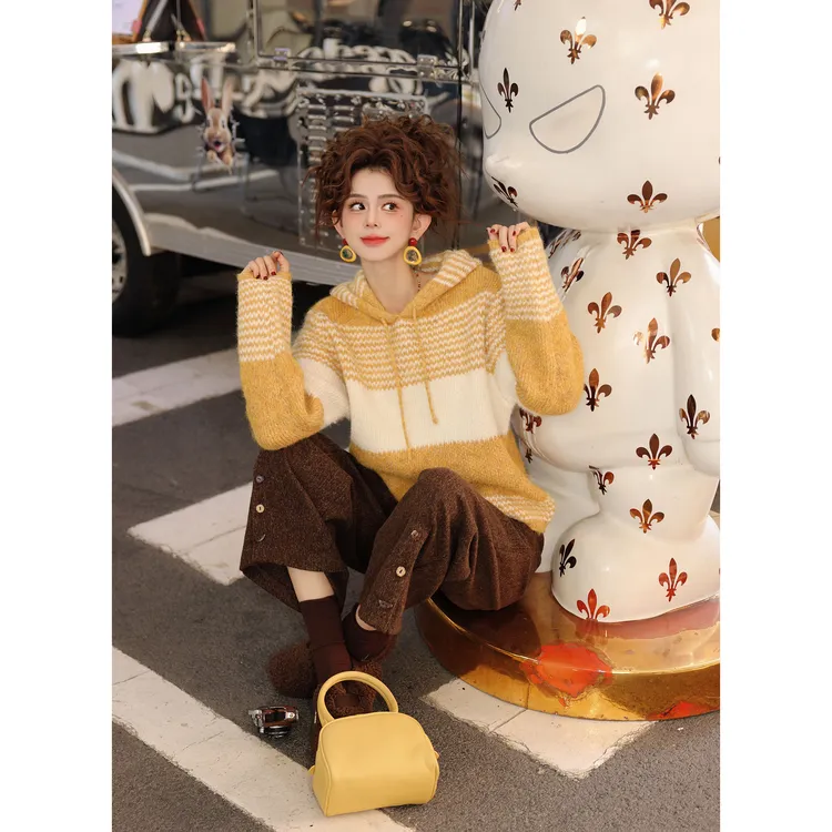 陈大器【薄柿日光】港风复古连帽条纹针织宽松百搭毛衣JM2477717