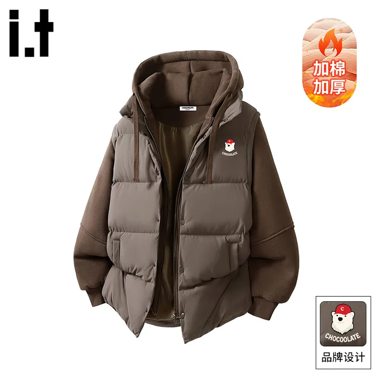 it: CHOCOOLATE假两件撞色棉衣男士2025冬季潮牌防寒加厚连帽外套