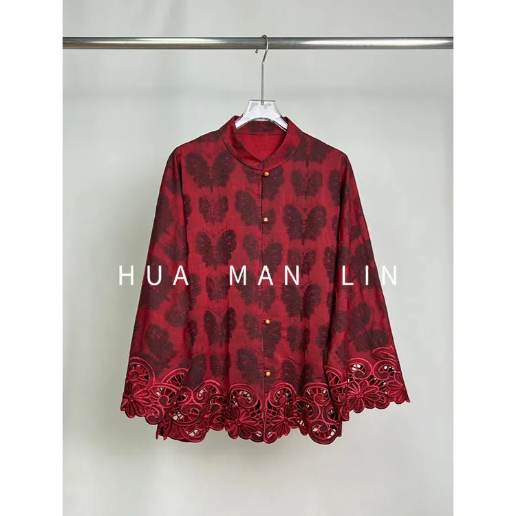 【花满林】立领正门襟下摆刺绣镂空蝴蝶油丝真丝桑蚕丝上衣251608