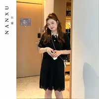 楠序源子微胖女装  女士黑色休闲时尚气质蕾丝边连衣裙女YZ36526