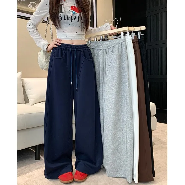 慵懒抽绳阔腿休闲裤女秋季运动卫裤高腰拖地裤子垂感百搭直筒长裤
