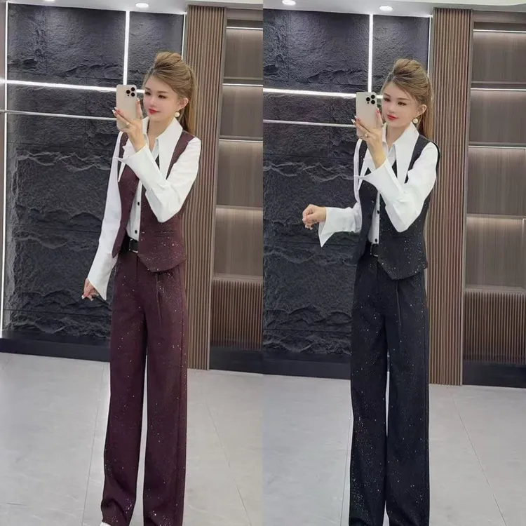 秋款0817 时尚气质满天星马甲上衣 加 长裤 加 衬衫打底 三件套