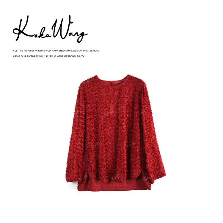 KOKO WANG秋冬圣诞氛围感桑蚕丝流苏圆领上衣X6475K22T04