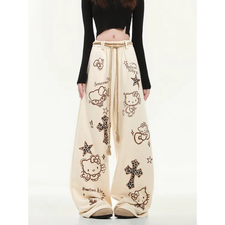 cuwu甜酷KT猫印花阔腿裤女秋季新款宽松显瘦运动卫裤直筒休闲裤子