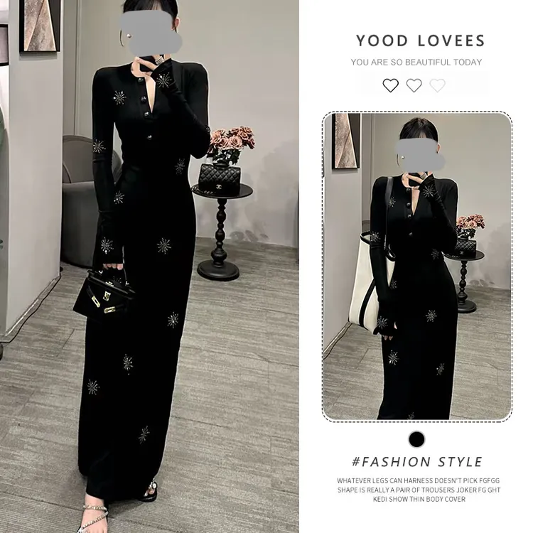 轻奢亮闪闪烫钻花朵黑色连衣裙女2025春秋欧货女人味气质包臀长裙