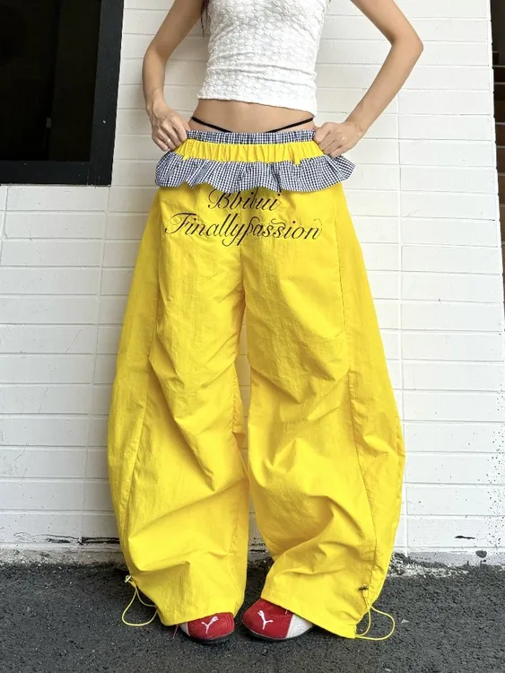 美式街舞拼接双腰头花边格子裤女夏季宽松薄款速干休闲阔腿弯刀裤