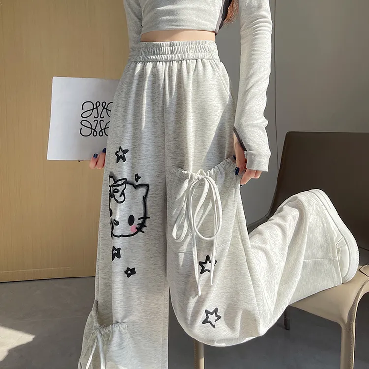 减龄超好看猫咪印花阔腿运动裤女秋慵懒松弛垂感窄版直筒梧桐卫裤