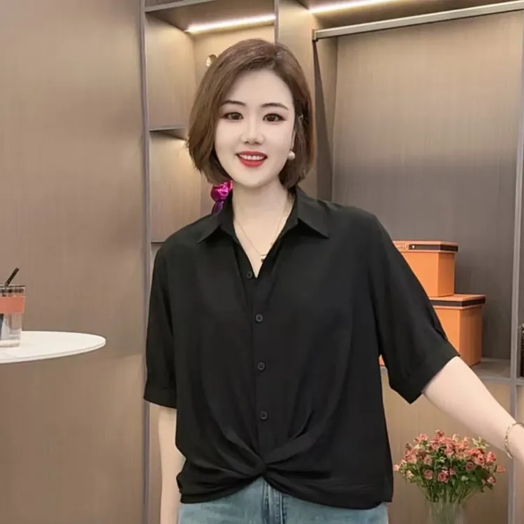 夏款春夏新款翻领结褶套头中袖衬衫中老年女装洋气妈妈气质显年轻