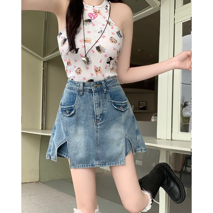大码女装2025夏季新款胖妹妹高腰百搭显瘦牛仔裤裙65442