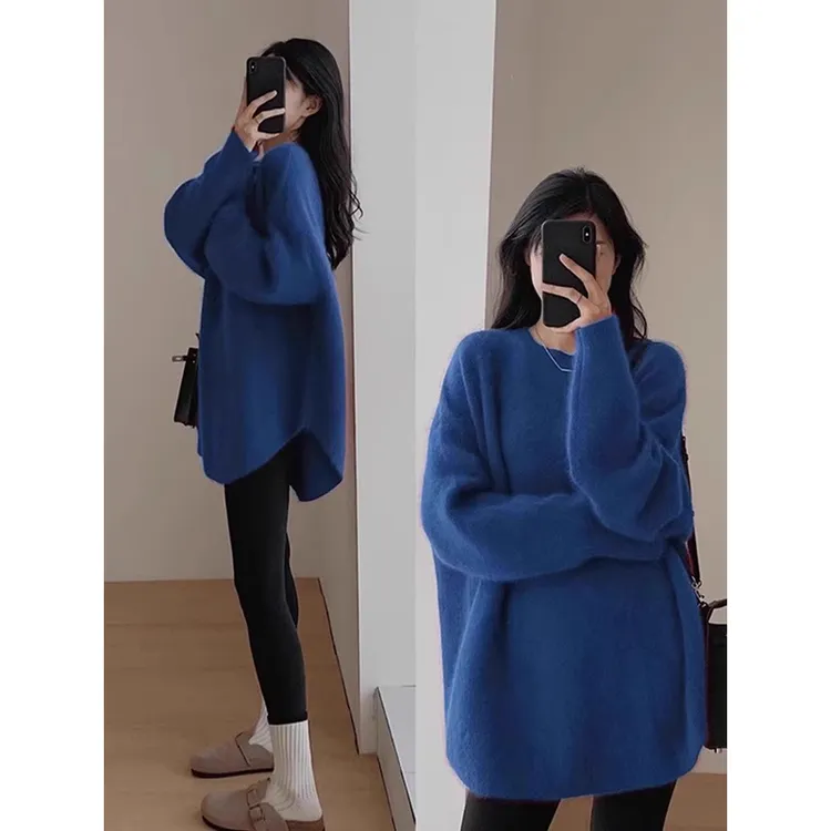 洋气高级感克莱因蓝外穿套头毛衣女秋冬季慵懒风中长款针织衫上衣