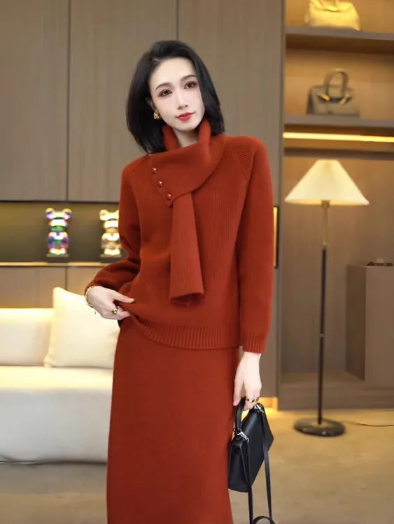 针织套装女冬季温柔风围巾领高级感温柔气质毛衣半身裙长裙两件套