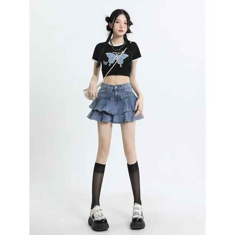 美式复古百褶牛仔半身裙女2025夏季新款气质显瘦高腰辣妹a字短裙
