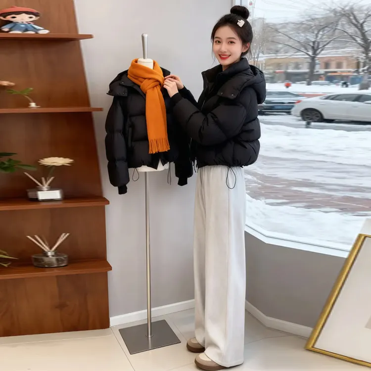 美式短款黑色棉服外套2025冬季新款女士棉袄连帽宽松百搭加厚棉衣