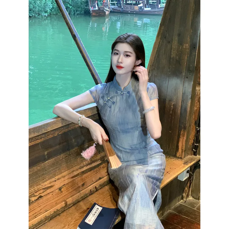 凌茜恣禾【澜洇】国风新中式复古晕染褶皱开叉连衣裙气质改良旗袍裙