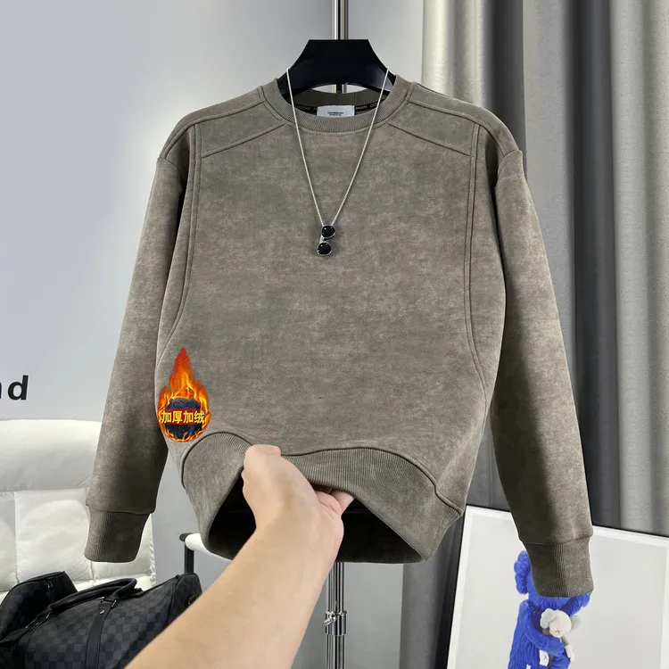 男士2025秋冬季纯色上衣男休闲百搭极简风扎染拼接长袖加绒卫衣潮