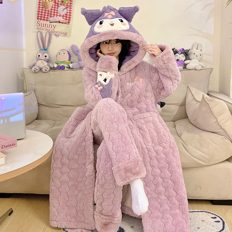 库洛米睡衣女款秋冬季三层夹棉加厚加绒珊瑚绒睡袍浴袍冬天家居服