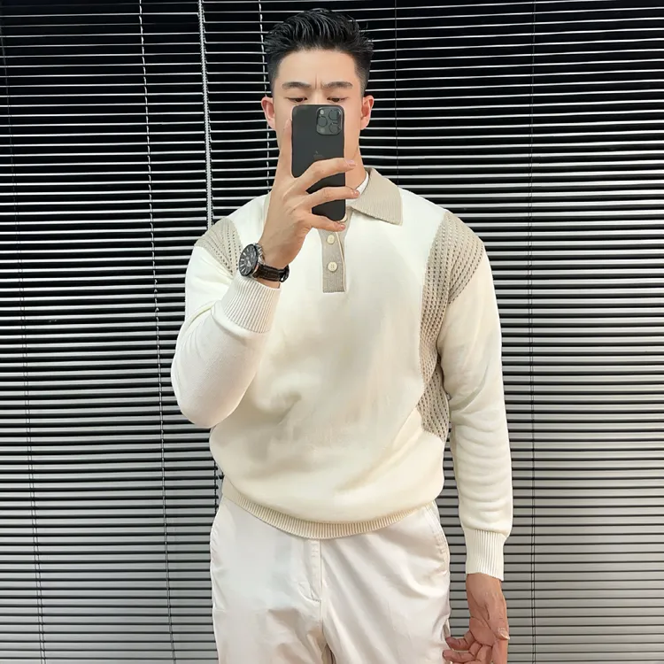腈纶54.8棉45.2翻领撞色针织镂空提花针织衫毛衣纯色男士休闲男装
