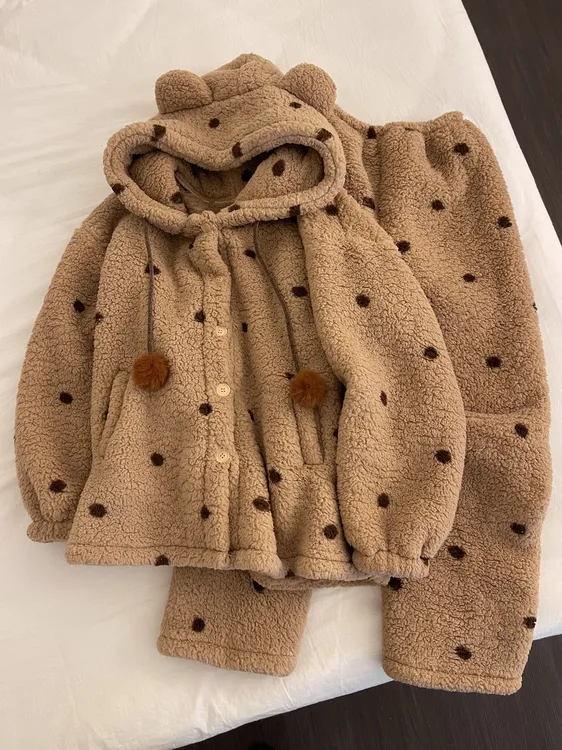 【DMXJ大梦想家】韩系可爱波点珊瑚绒睡衣女秋冬季款宽松家居服套装