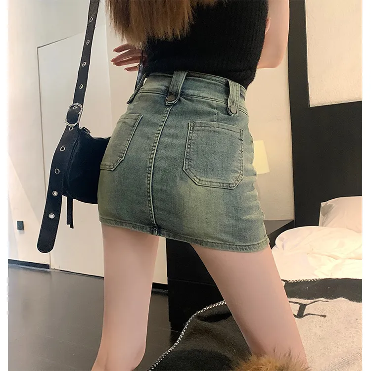 辣妹显瘦高腰短裙复古牛仔半身裙防走光裙裤小个子包臀裙夏季气质