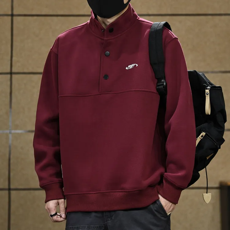 复古重磅立领红色卫衣男士潮牌刺绣运动衣服秋季新款宽松休闲外套