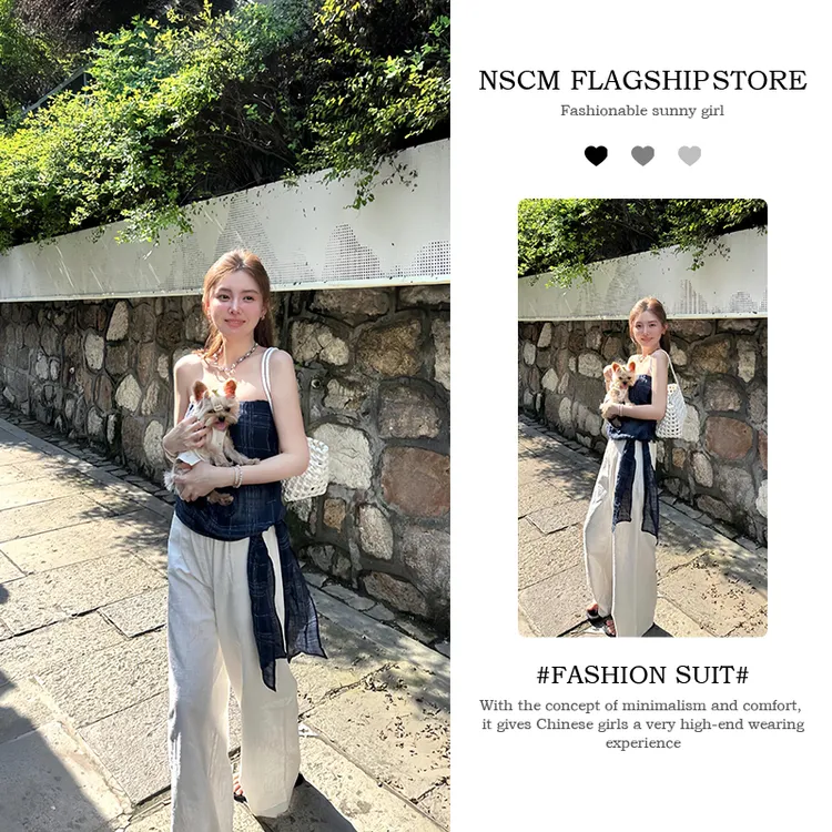 NSCM夏季时尚新款韩系慵懒风设计感裹胸上衣休闲百搭裤子小众女装