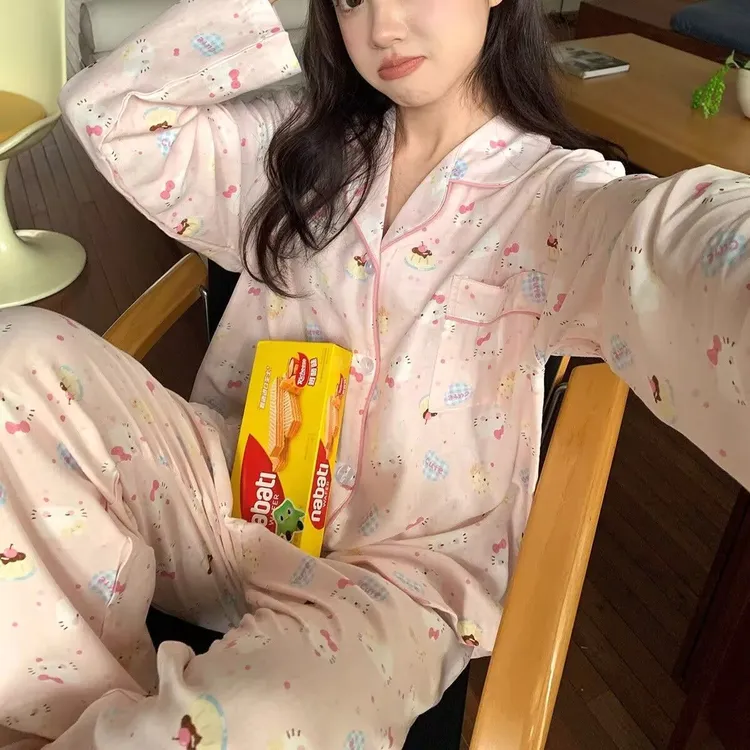 春秋季新款睡衣女甜美可爱小猫咪印花粉色条纹长袖宽松家居服套装