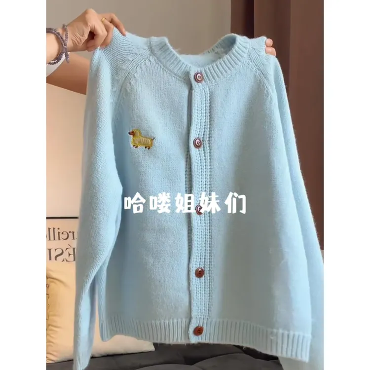 蓝小狗刺绣针织开衫女2025年早秋慵懒温柔毛衣宽松版显瘦百搭上衣
