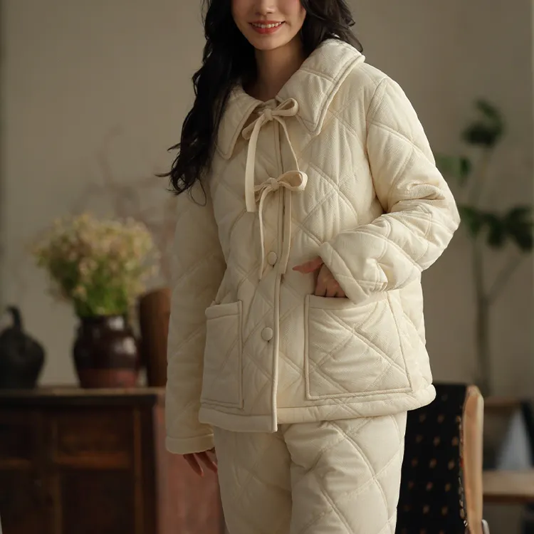 【远山梦】冬季新款加绒加厚三层夹棉蝴蝶结女士睡衣家居服25125