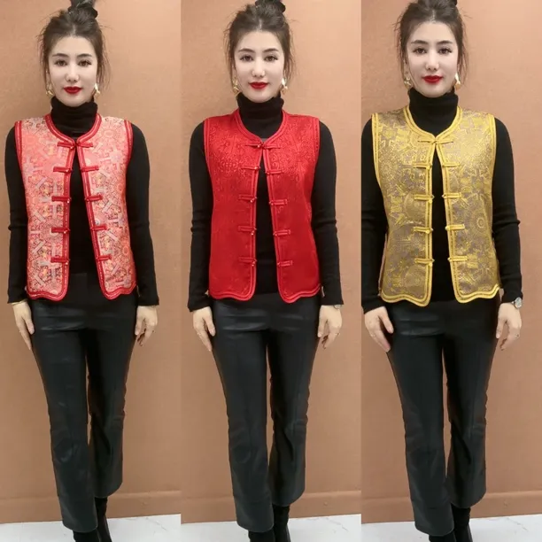 新款时尚百搭中式提花刺绣国风盘扣马甲