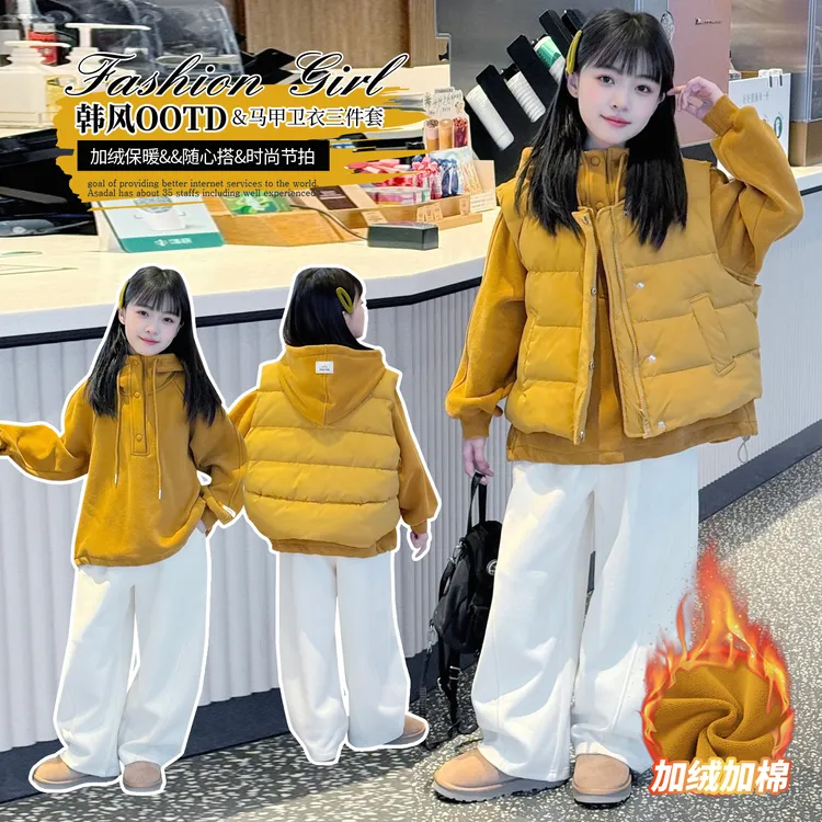 女童冬装马甲三件套中大童坎肩休闲宽松加绒加厚女童休闲套装