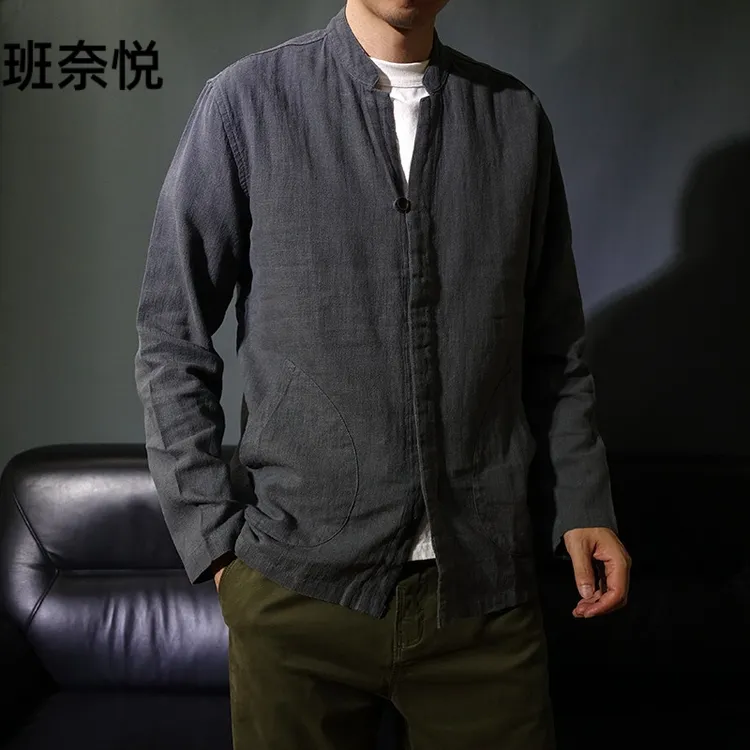 中国风棉麻春秋暗扣长袖衬衫男款唐装立领复古休闲茶服衬衣禅服潮