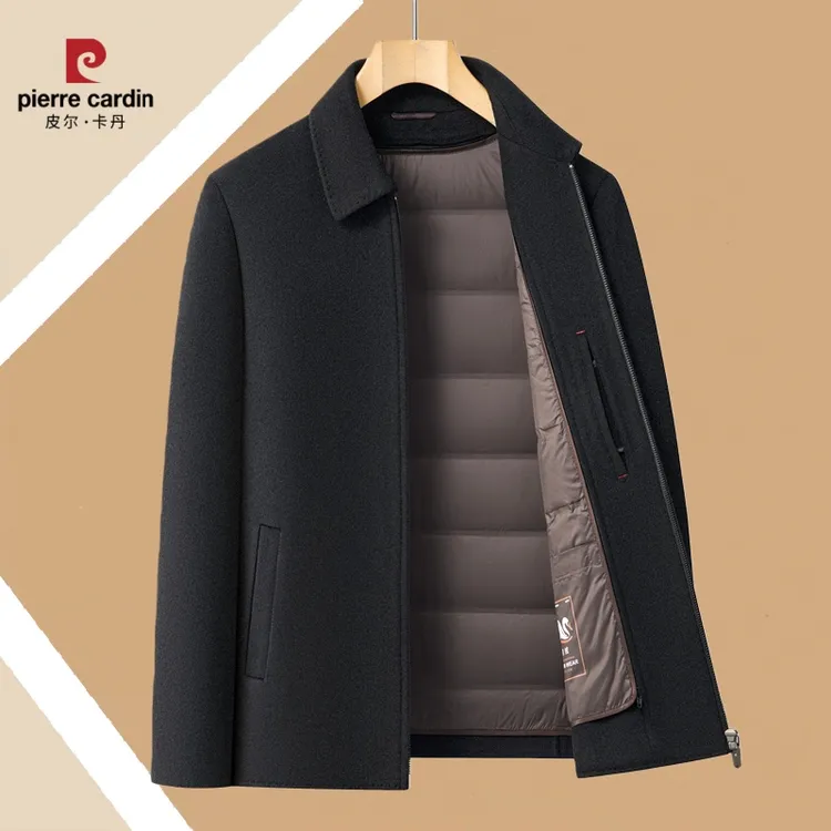 皮尔卡丹男士羊毛毛呢外套秋冬季双面呢中年羊毛夹克呢子短款大衣