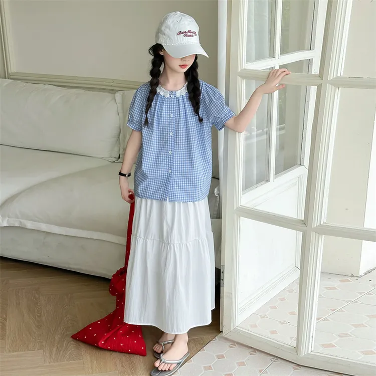 女童夏装裙子套装夏季韩版女大童格子衬衫薄款单排扣上衣两件套潮
