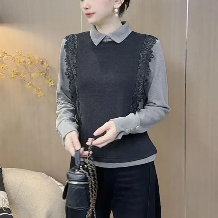秋冬新款时尚减龄蕾丝花边拼接双面绒长袖上衣时尚百搭遮肉打底衫