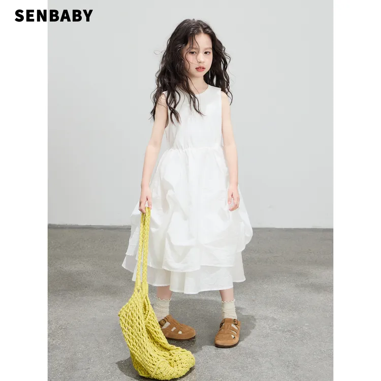 【现货】senbaby女童连衣裙夏季新款度假简约无袖白色蛋糕连衣裙