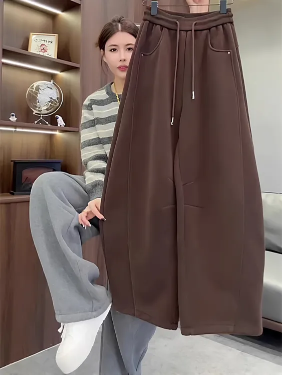 欧货2025秋冬百搭松紧腰奥粒绒加厚保暖弯刀裤女宽松显瘦直筒裤