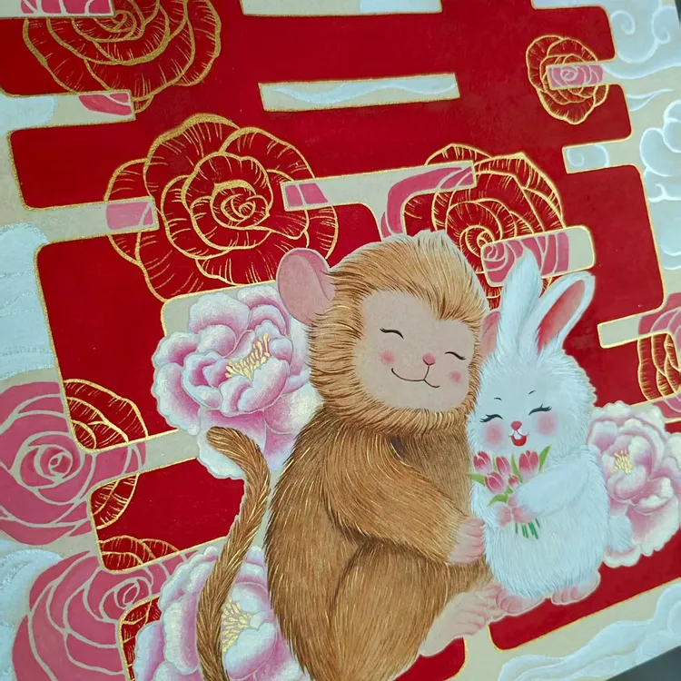 工笔画实木摆台，婚礼生肖图，30*30，不同题材尺寸可定制。