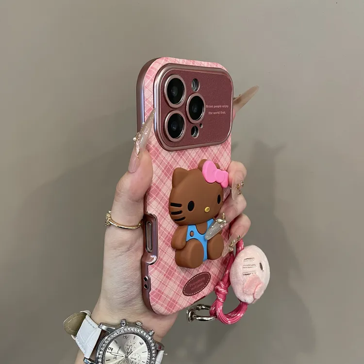 韩系菱格纹立体KT猫大视窗适用iPhone17手机壳16pro卡通15创意14