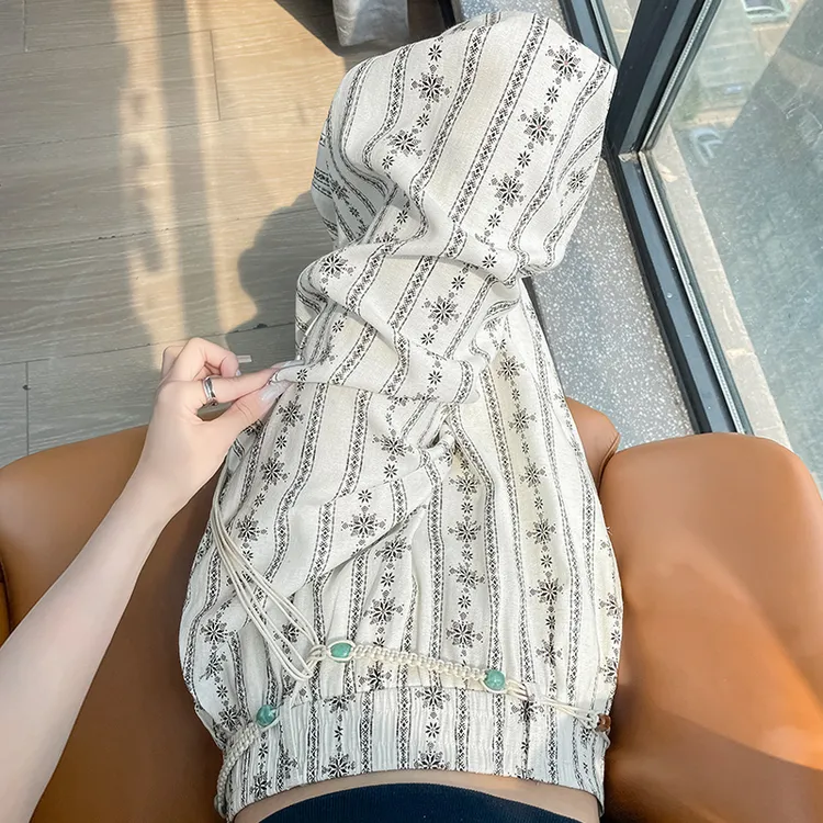 度假风复古印花天丝亚麻阔腿裤女夏薄款冰丝防晒拖地休闲裤女1958