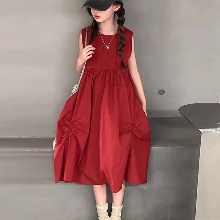 女童连衣裙夏装2025新款女大童红色6-12岁背心裙儿童夏季棉布裙子