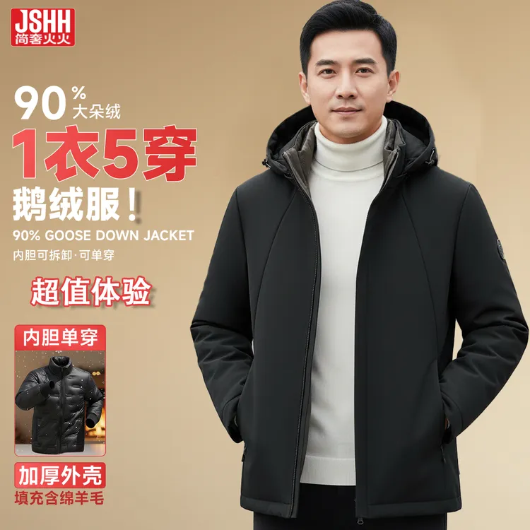 90鹅绒服（一衣五穿）可脱卸款羊毛兔毛双保暖男士冬季羽绒服外套男