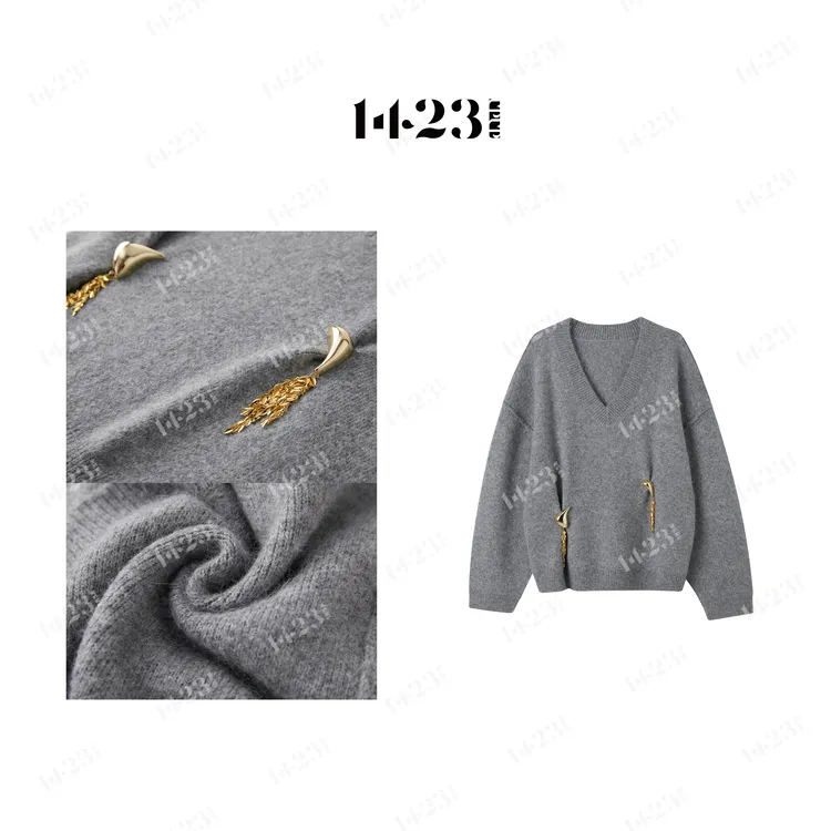 1423【慵懒灰调】兔毛混纺柔软舒适保暖流苏胸针简约百搭针织毛衫