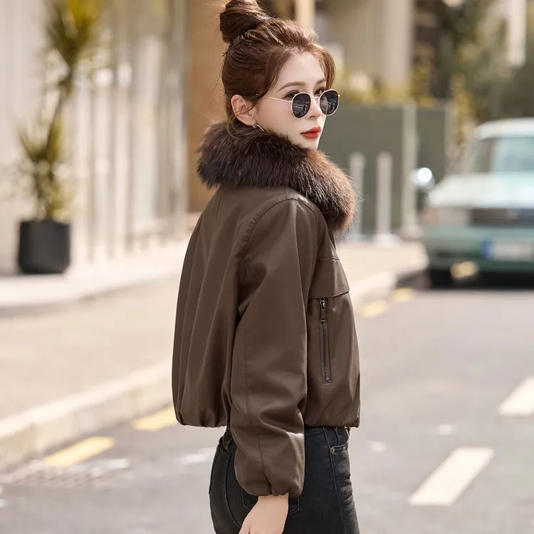 皮衣短款时尚百搭女士加绒加厚毛领小个子休闲宽松冬季夹克棉衣