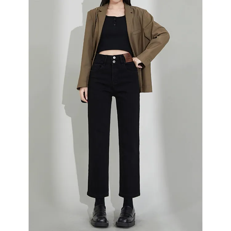 黑色九分窄版直筒牛仔裤女春秋2025年新款高腰显瘦小个子烟管裤子