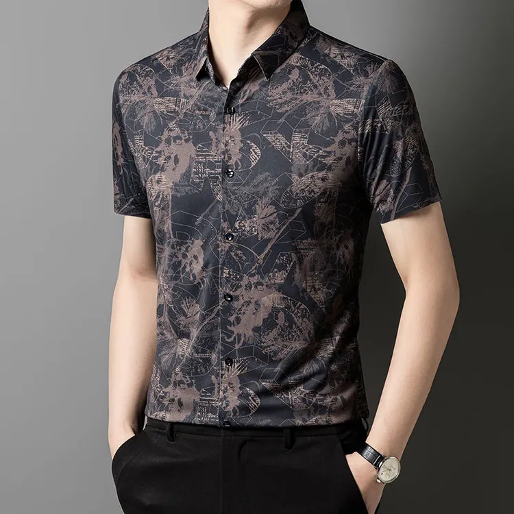 新款男士短袖蚕丝夏季衬衫高端休闲免烫薄款印花潮流时尚中年衬衣