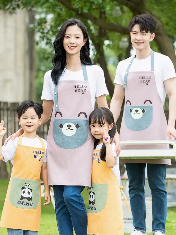 2025新款印染防油小清新纯色薄款刺绣围裙罩衣家用围裙厨房专用