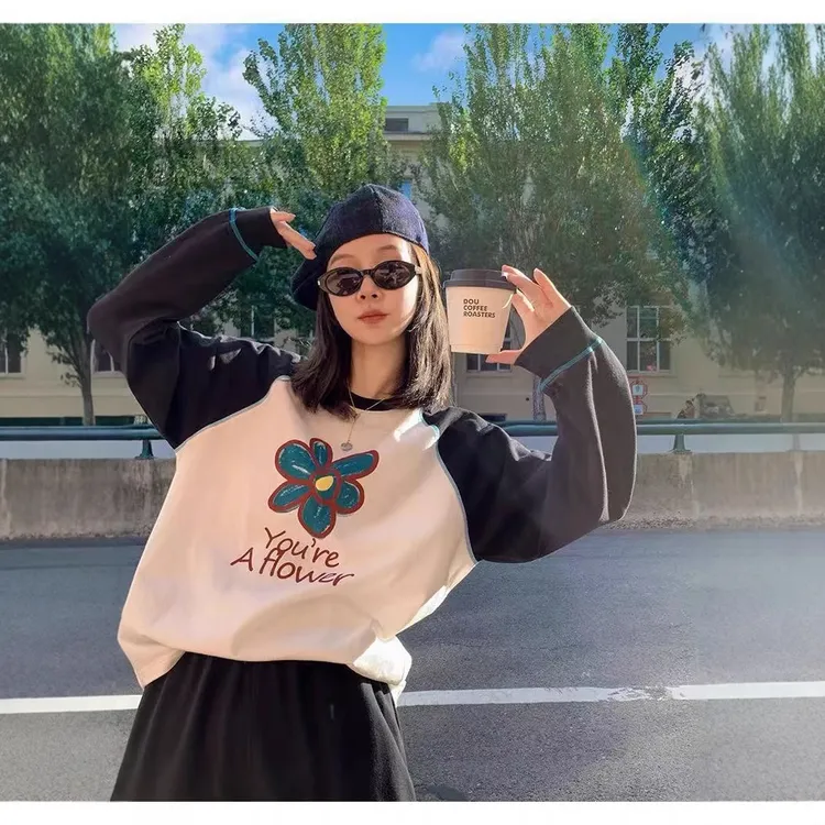 莉贝琳sisy店主自留花花世界插肩袖T恤秋季新全棉撞色长袖T恤女
