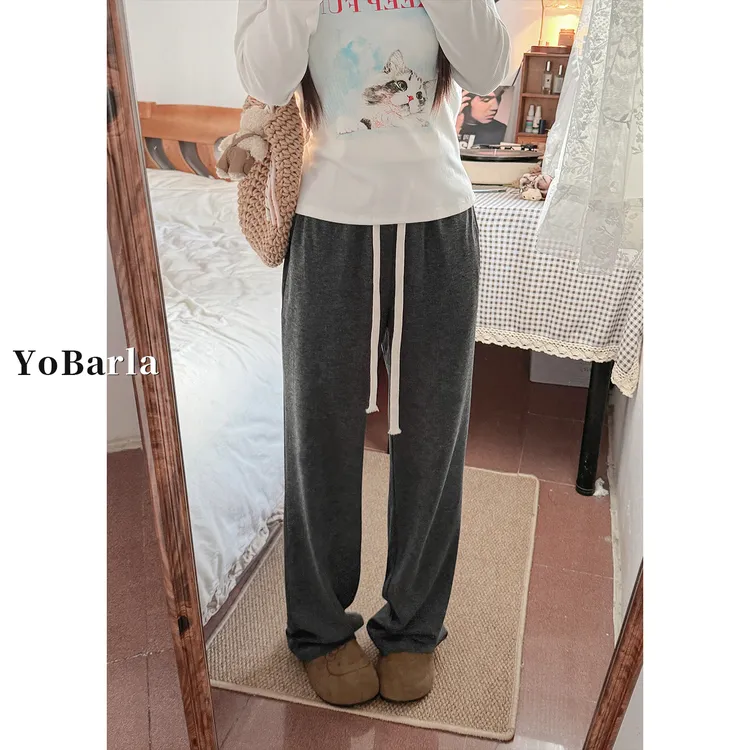 灰色糯米直筒休闲裤女冬季加绒胖mm大码高腰梨形身材慵懒阔腿裤子
