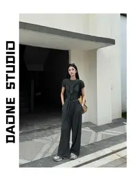 DAONE【休闲主义】 慵懒风圆领T恤阔腿裤披肩三件套针织休闲套装